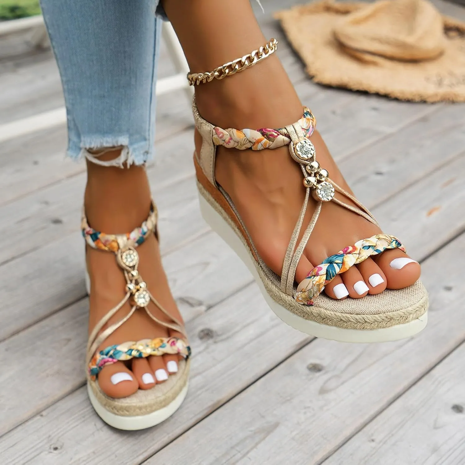 Orthopedic Wedge Sandals for Women Summer Dressy 2025 Womens Low Wedges Heels Sandal Shoes Wide Width Comfort Walking Non Slip Casual Beach Platform Sandals Ankle Elastic Bohemian Woven Sandals