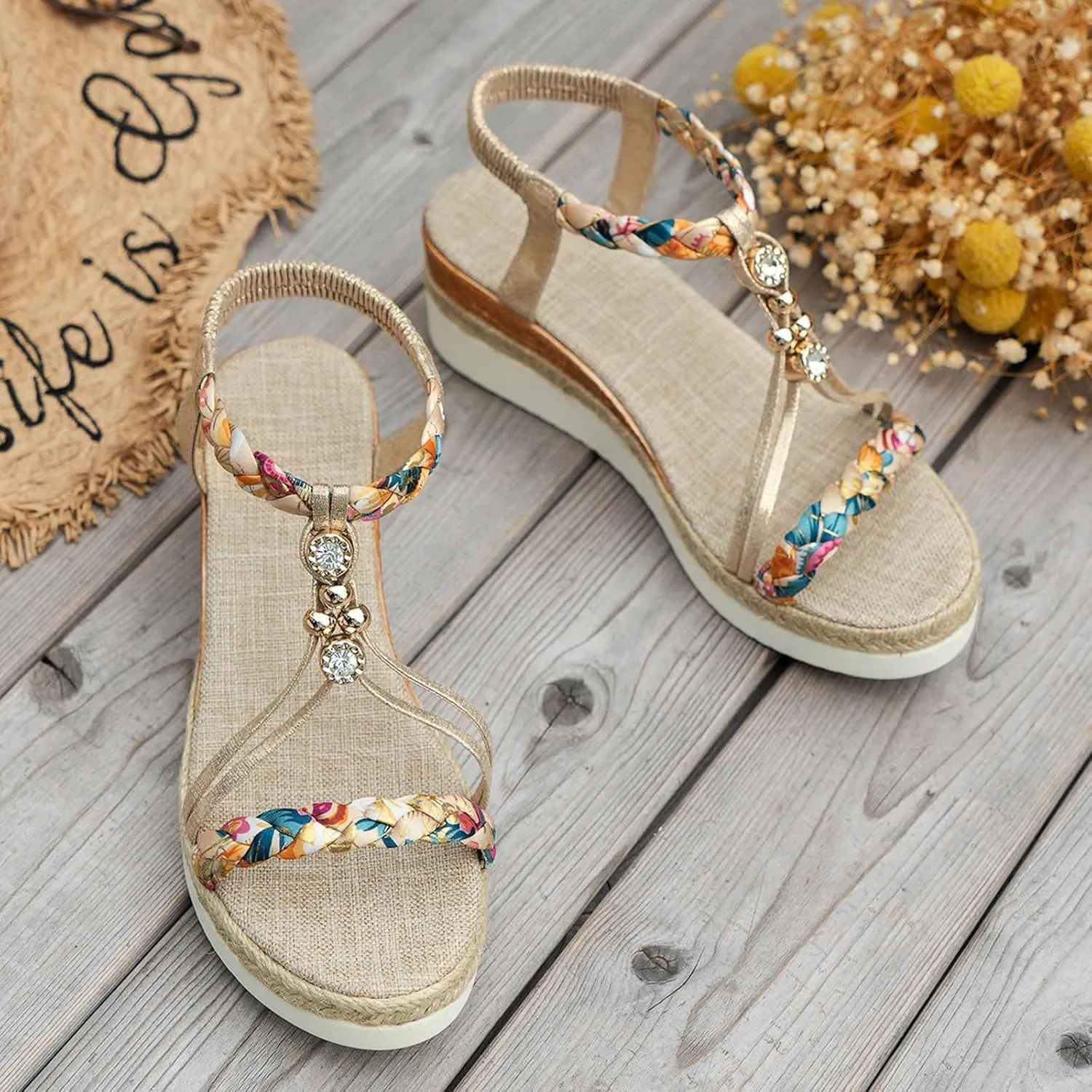 Orthopedic Wedge Sandals for Women Summer Dressy 2025 Womens Low Wedges Heels Sandal Shoes Wide Width Comfort Walking Non Slip Casual Beach Platform Sandals Ankle Elastic Bohemian Woven Sandals