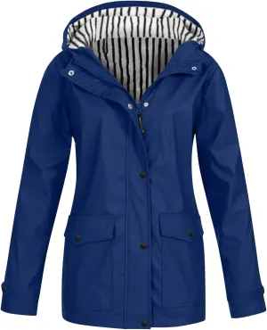 Outdoor Rain Jacket for Women Lightweight Waterproof Windbreaker Long Hooded Trench Coat Stripes Lined Travel Jackets