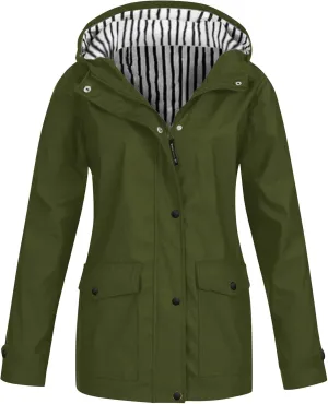 Outdoor Rain Jacket for Women Lightweight Waterproof Windbreaker Long Hooded Trench Coat Stripes Lined Travel Jackets