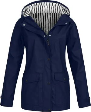 Outdoor Rain Jacket for Women Lightweight Waterproof Windbreaker Long Hooded Trench Coat Stripes Lined Travel Jackets