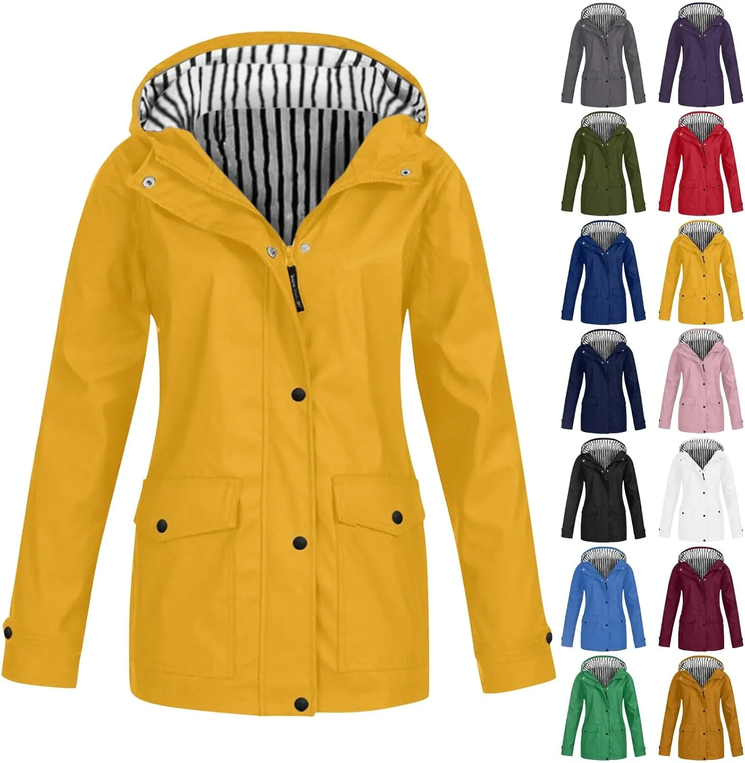 Outdoor Rain Jacket for Women Lightweight Waterproof Windbreaker Long Hooded Trench Coat Stripes Lined Travel Jackets