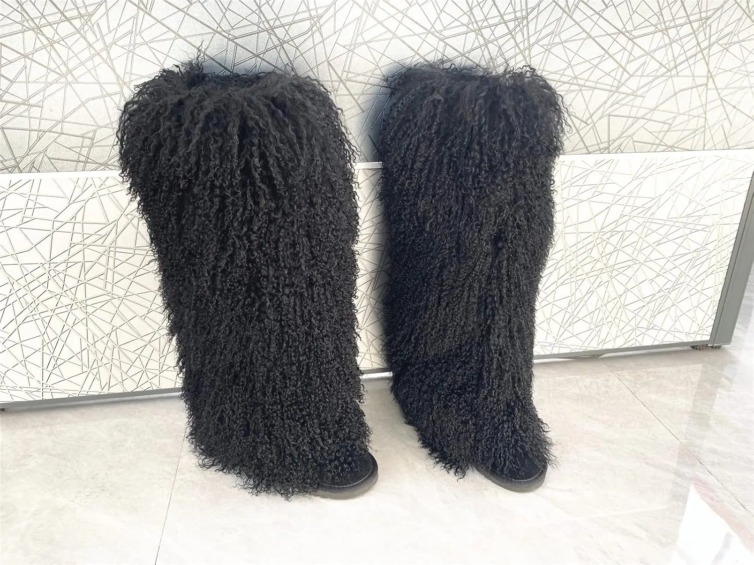 Over Knee High Mongolian Fur Boots Women's Women's Women Adults Size Skinning Winter Snowing Warm Shoes Flat Boots Blue Grey Pink Color