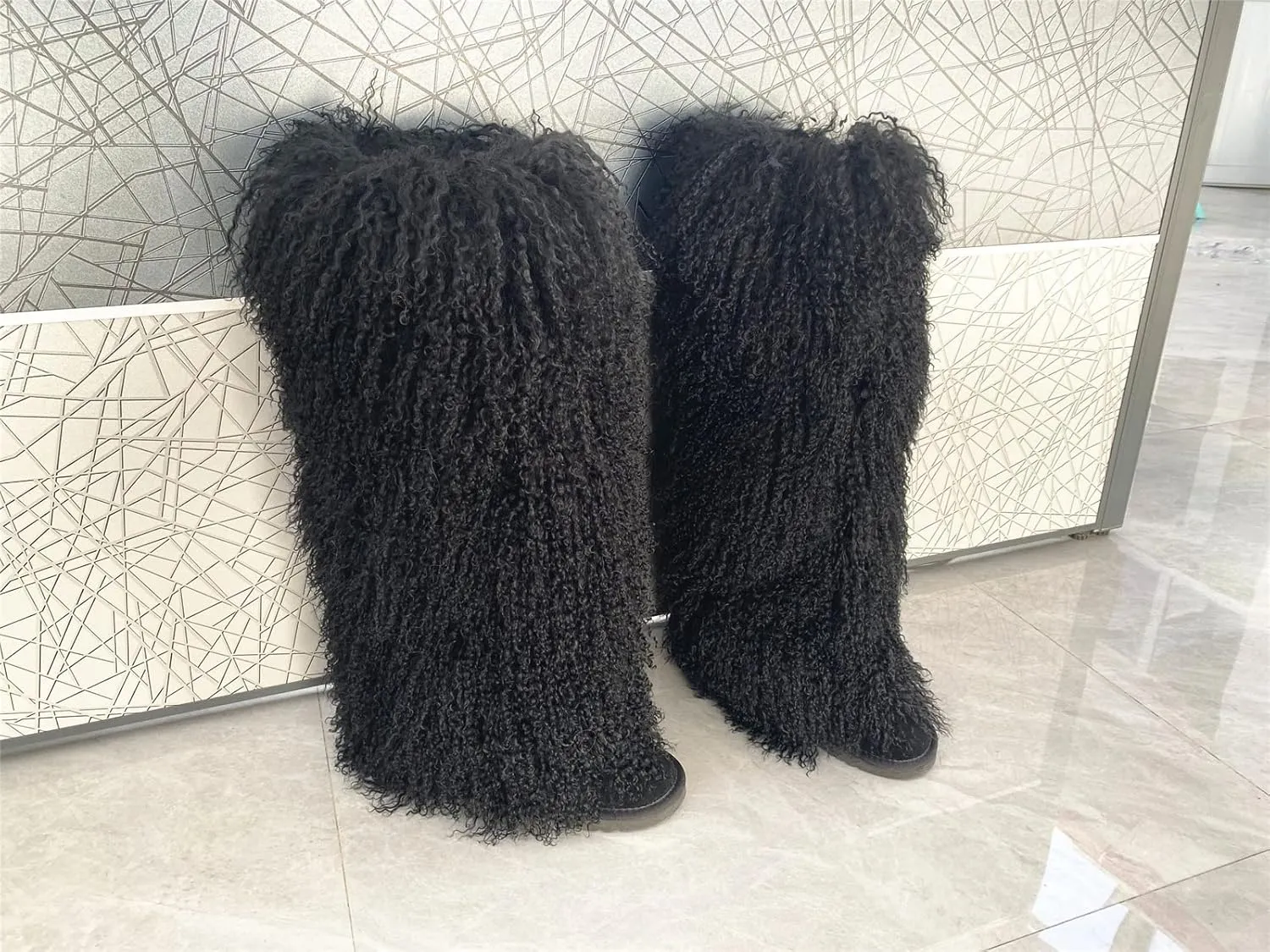 Over Knee High Mongolian Fur Boots Women's Women's Women Adults Size Skinning Winter Snowing Warm Shoes Flat Boots Blue Grey Pink Color