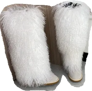 Over Knee High Mongolian Fur Boots Women's Women's Women Adults Size Skinning Winter Snowing Warm Shoes Flat Boots Blue Grey Pink Color