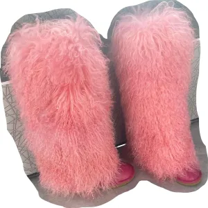 Over Knee High Mongolian Fur Boots Women's Women's Women Adults Size Skinning Winter Snowing Warm Shoes Flat Boots Blue Grey Pink Color