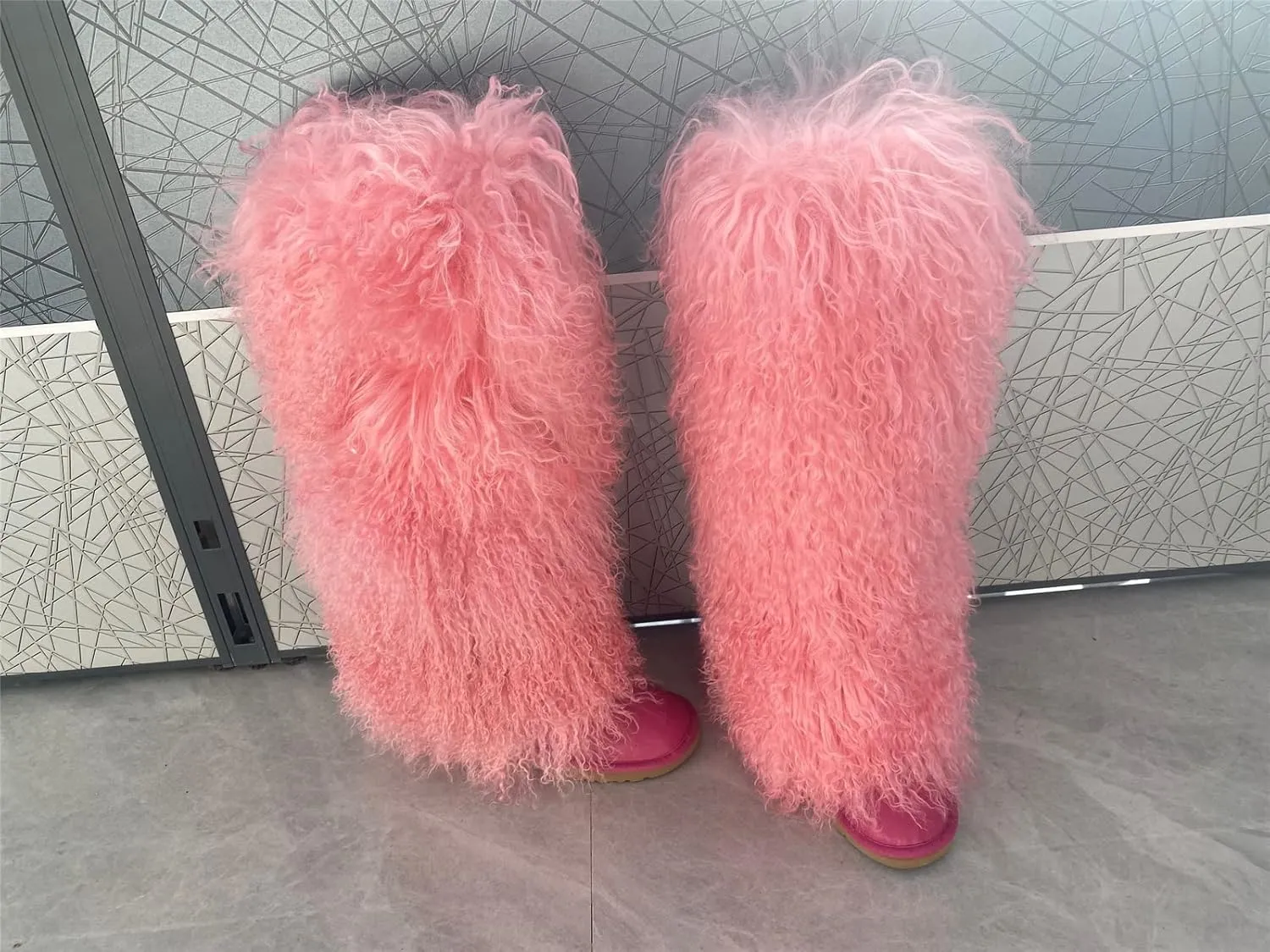 Over Knee High Mongolian Fur Boots Women's Women's Women Adults Size Skinning Winter Snowing Warm Shoes Flat Boots Blue Grey Pink Color