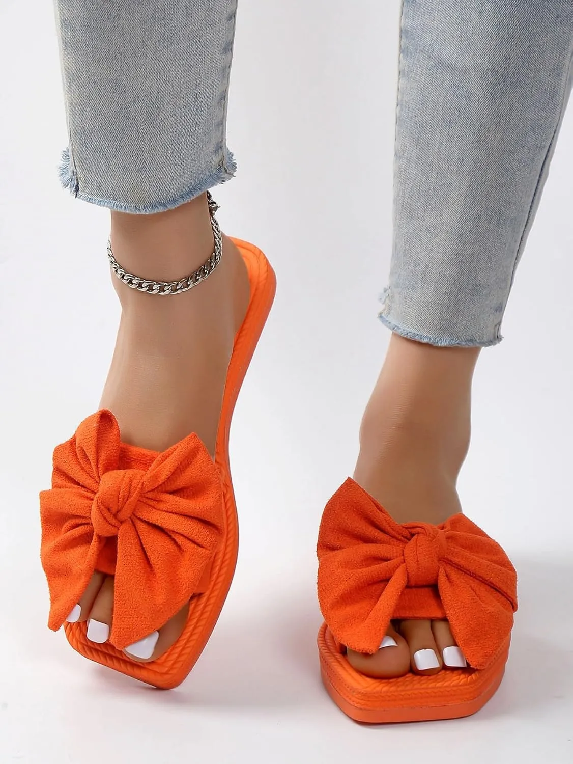 OYOANGLE Women's Bow Decor Open Toe Flat Sandals Solid Single Band Faux Suede Casual Summer Vacation Slide Sandals