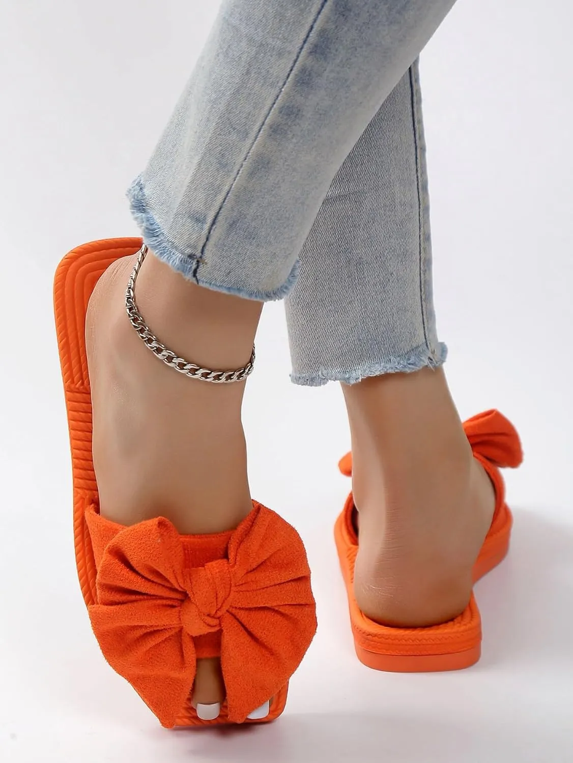 OYOANGLE Women's Bow Decor Open Toe Flat Sandals Solid Single Band Faux Suede Casual Summer Vacation Slide Sandals