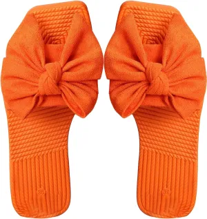 OYOANGLE Women's Bow Decor Open Toe Flat Sandals Solid Single Band Faux Suede Casual Summer Vacation Slide Sandals