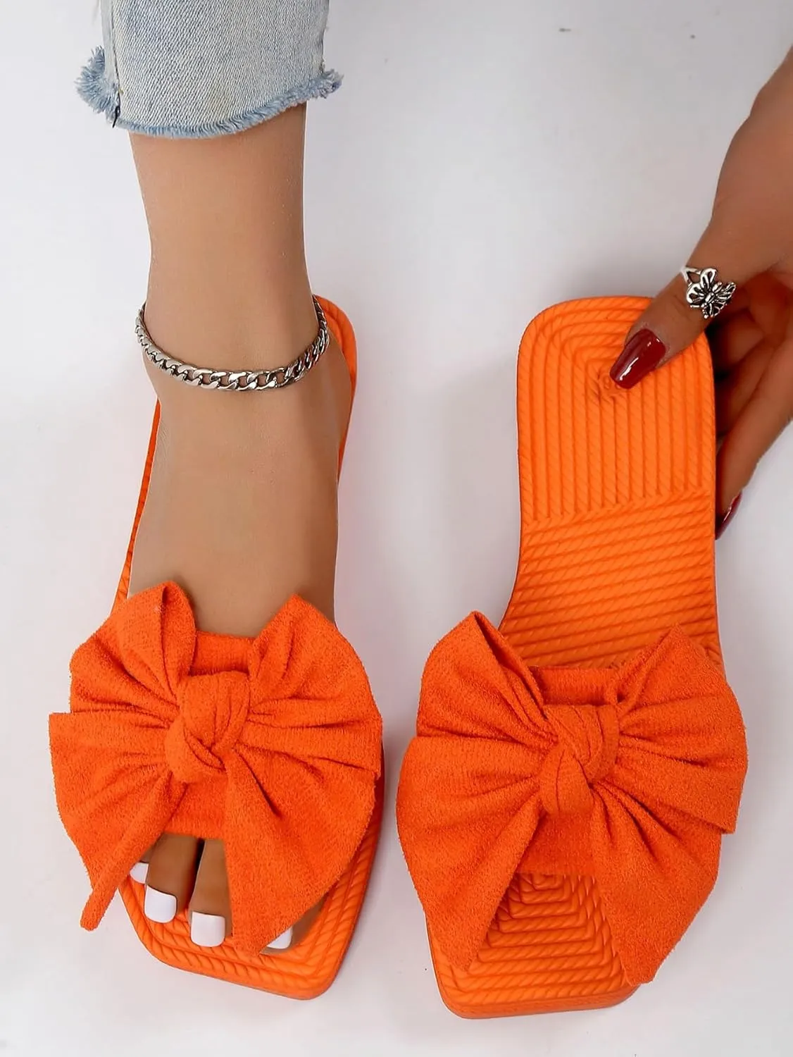 OYOANGLE Women's Bow Decor Open Toe Flat Sandals Solid Single Band Faux Suede Casual Summer Vacation Slide Sandals