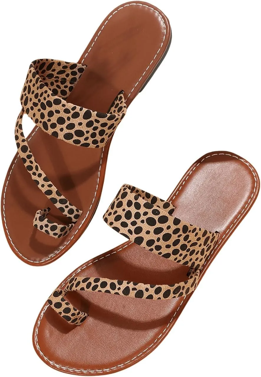 OYOANGLE Women's Leopard Print Strappy Toe Post Slide Sandals Outdoor Flat Sandal Summer Beach Shoes