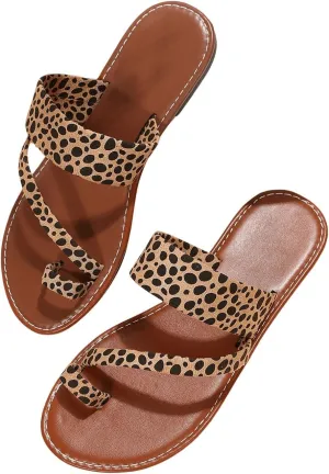 OYOANGLE Women's Leopard Print Strappy Toe Post Slide Sandals Outdoor Flat Sandal Summer Beach Shoes