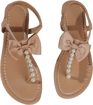 OYOANGLE Women's Pearl Decor Bowknot Ankle Straps Flat Sandals Solid Plain Open Toe Leather Thong Sandals