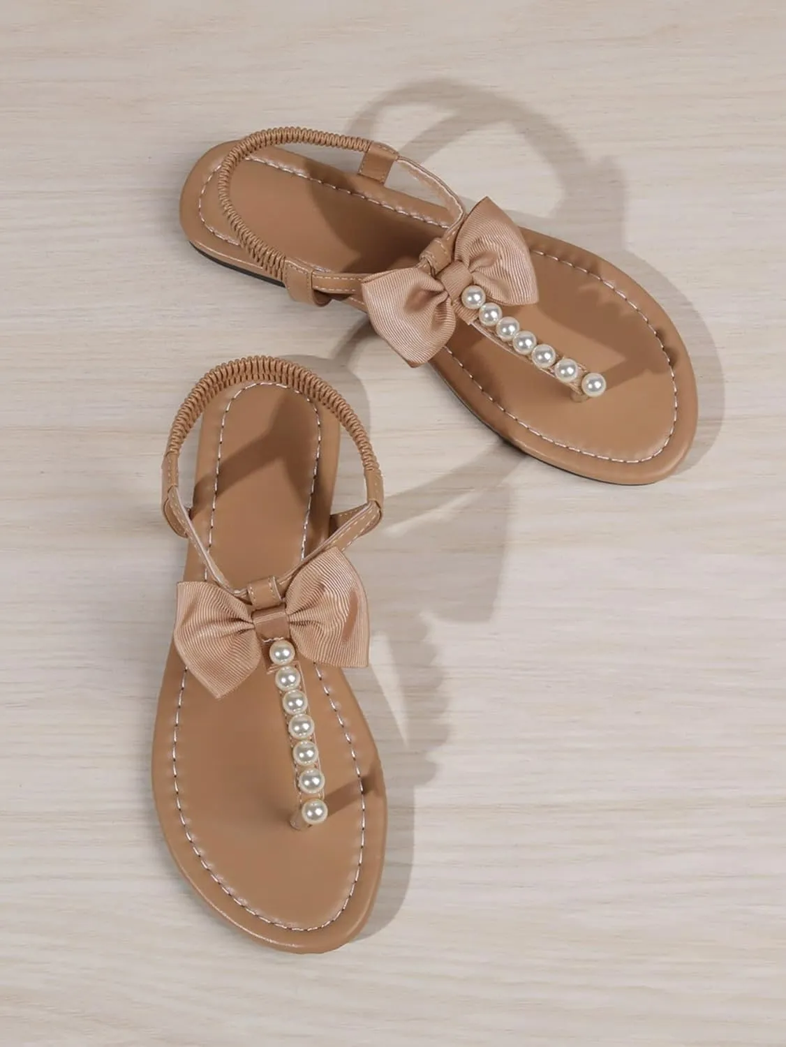 OYOANGLE Women's Pearl Decor Bowknot Ankle Straps Flat Sandals Solid Plain Open Toe Leather Thong Sandals