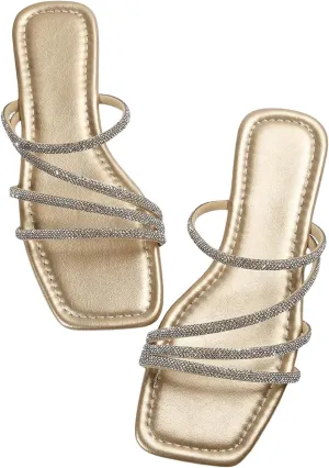 OYOANGLE Women's Rhinestone Flat Sandals Strappy Slip on Open Toe Slide Sandals Squared Slippers