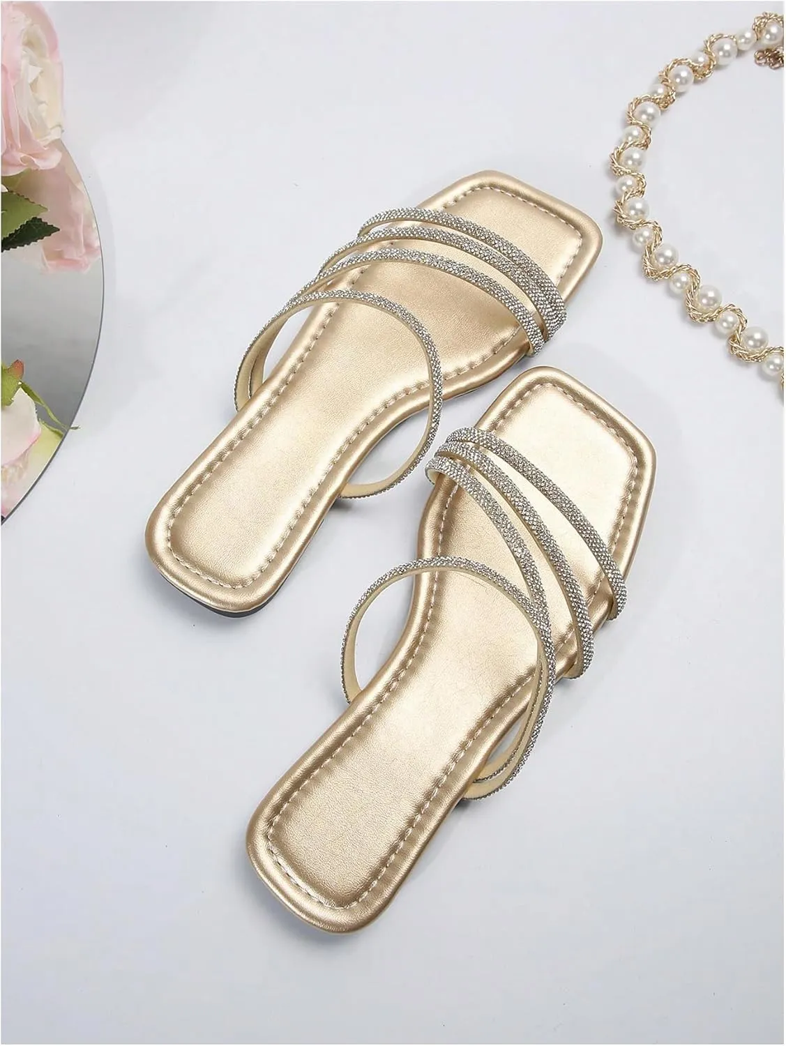 OYOANGLE Women's Rhinestone Flat Sandals Strappy Slip on Open Toe Slide Sandals Squared Slippers
