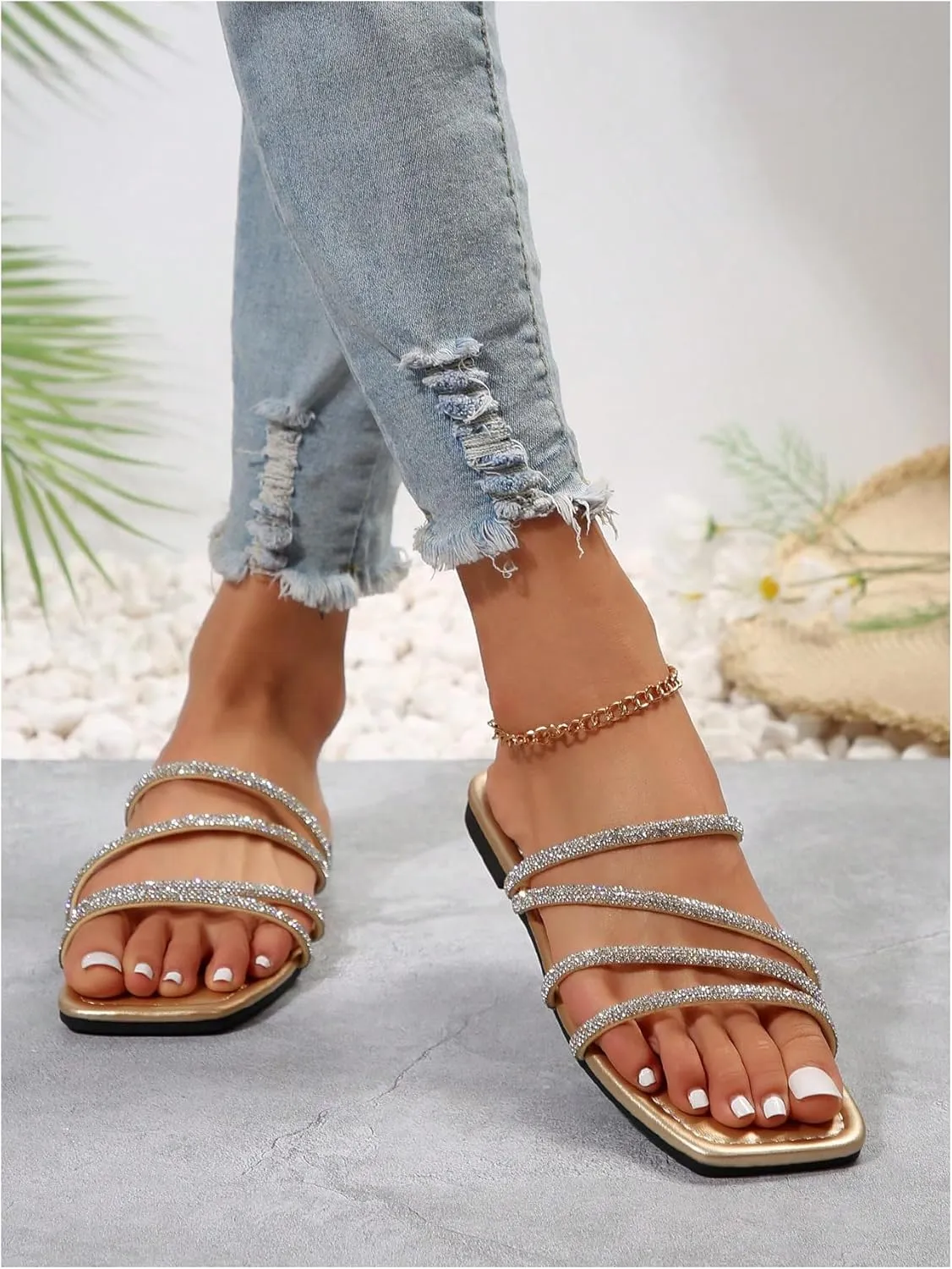 OYOANGLE Women's Rhinestone Flat Sandals Strappy Slip on Open Toe Slide Sandals Squared Slippers