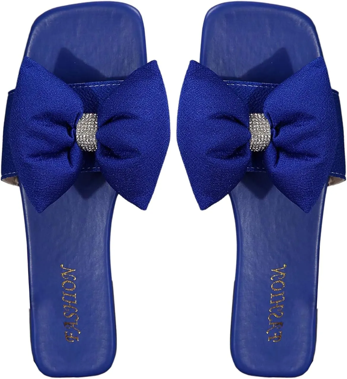 OYOANGLE Women's Rhinestone Sparkly Bow Slide Sandals Square Open Toe Slip on Flat Sandal Dressy Shoes