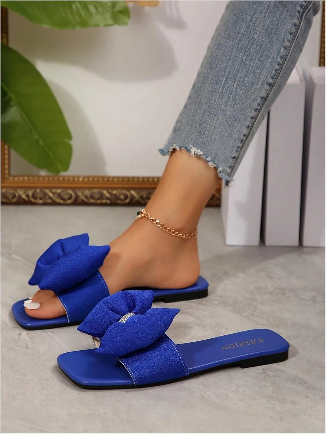 OYOANGLE Women's Rhinestone Sparkly Bow Slide Sandals Square Open Toe Slip on Flat Sandal Dressy Shoes