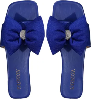 OYOANGLE Women's Rhinestone Sparkly Bow Slide Sandals Square Open Toe Slip on Flat Sandal Dressy Shoes