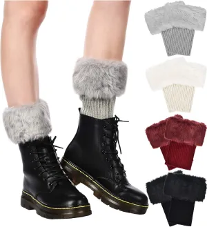Pangda 4 Pairs Women Faux Fur Leg Warmers for Winter - Furry Fuzzy Knitted Boot Socks