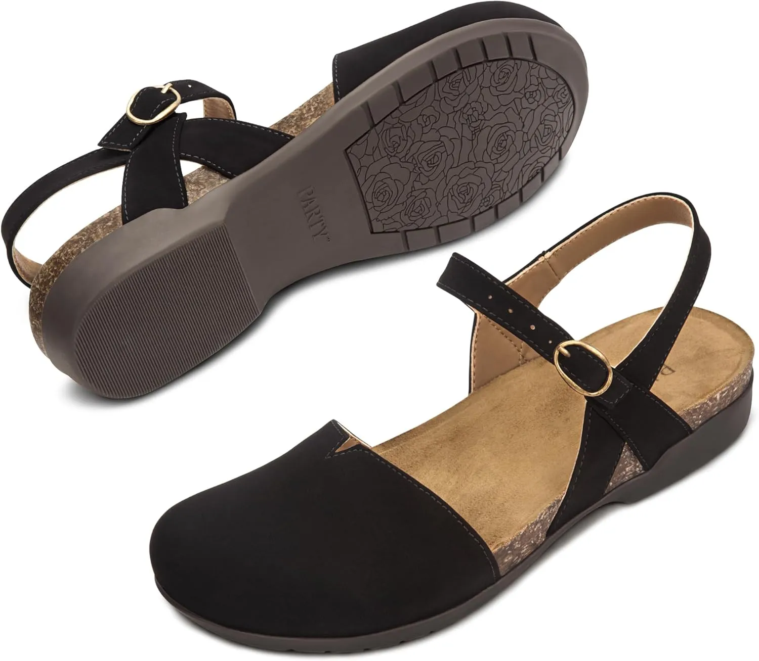 PARTY Closed Toe Sandals Women, Barefoot Arch Support Flat Sandals for Office Work and Travel with Comfortable Cork Footbed