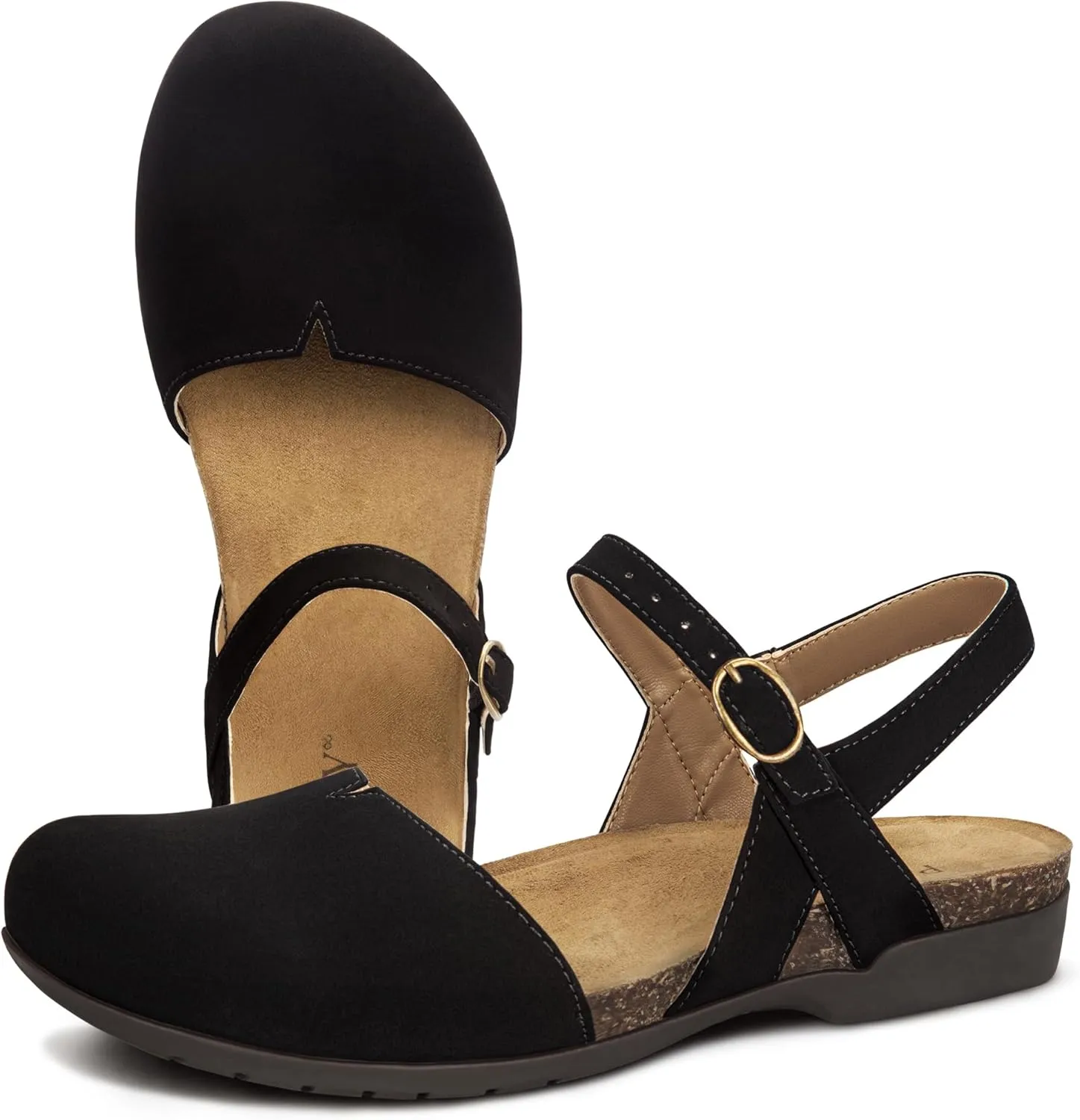 PARTY Closed Toe Sandals Women, Barefoot Arch Support Flat Sandals for Office Work and Travel with Comfortable Cork Footbed