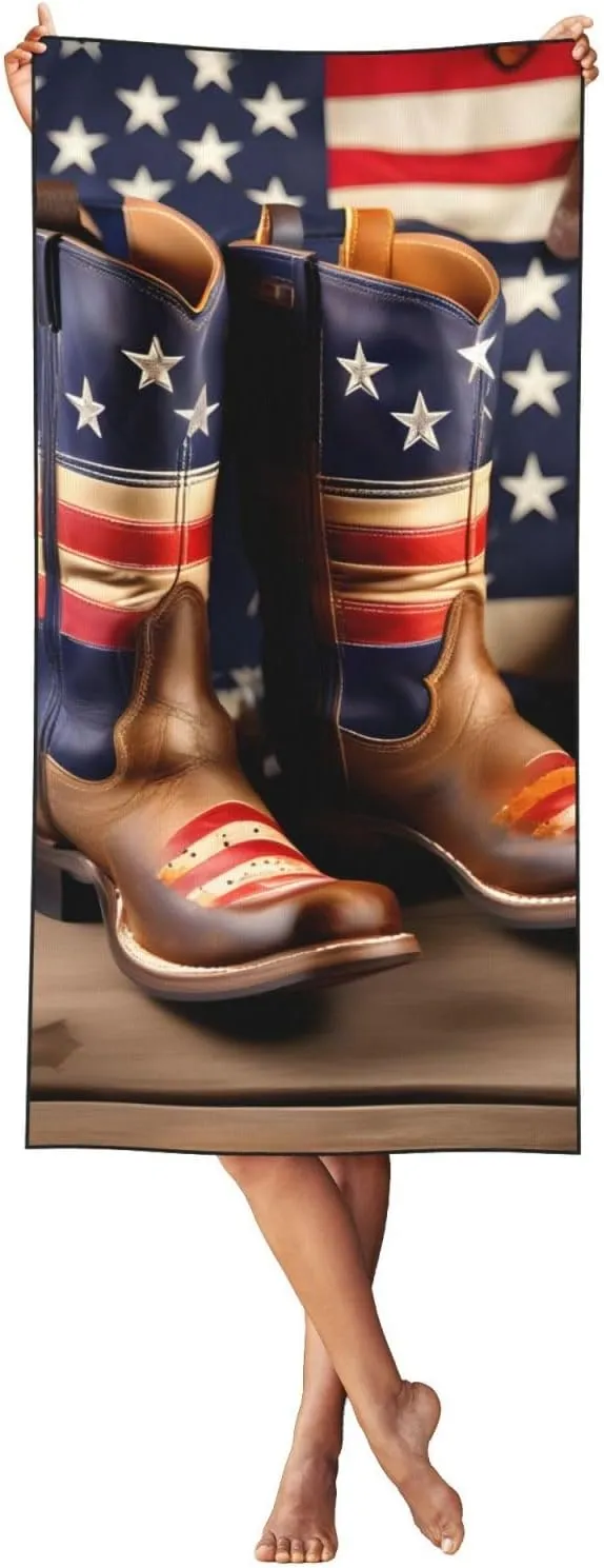 Peach Skin Velvet Quick Dry Lightweight American Flag with Cowboy Boots Print Beach Towel for Beach,Bath,Pool,Gym,Yoga