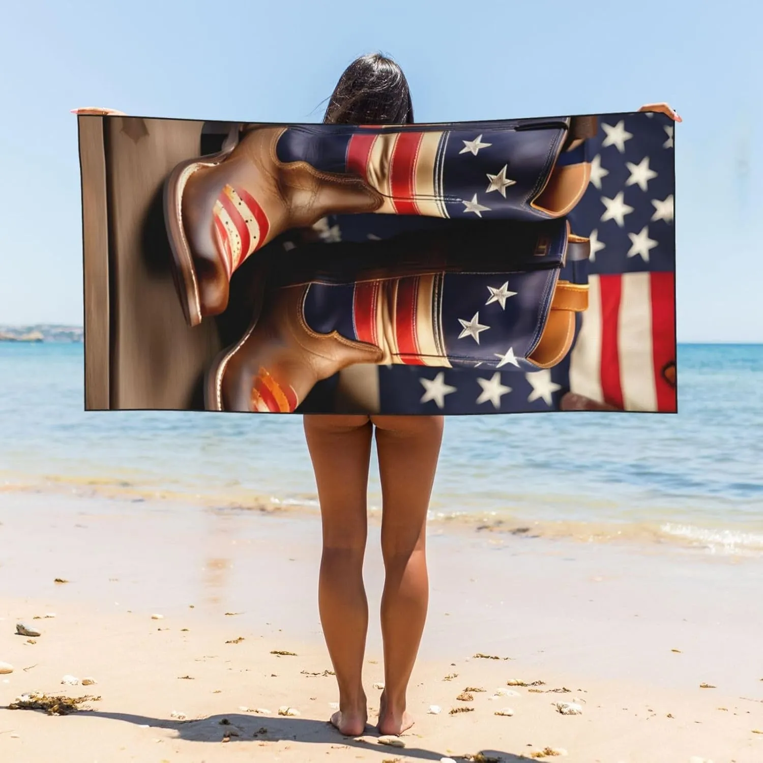 Peach Skin Velvet Quick Dry Lightweight American Flag with Cowboy Boots Print Beach Towel for Beach,Bath,Pool,Gym,Yoga
