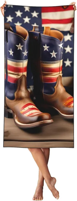 Peach Skin Velvet Quick Dry Lightweight American Flag with Cowboy Boots Print Beach Towel for Beach,Bath,Pool,Gym,Yoga