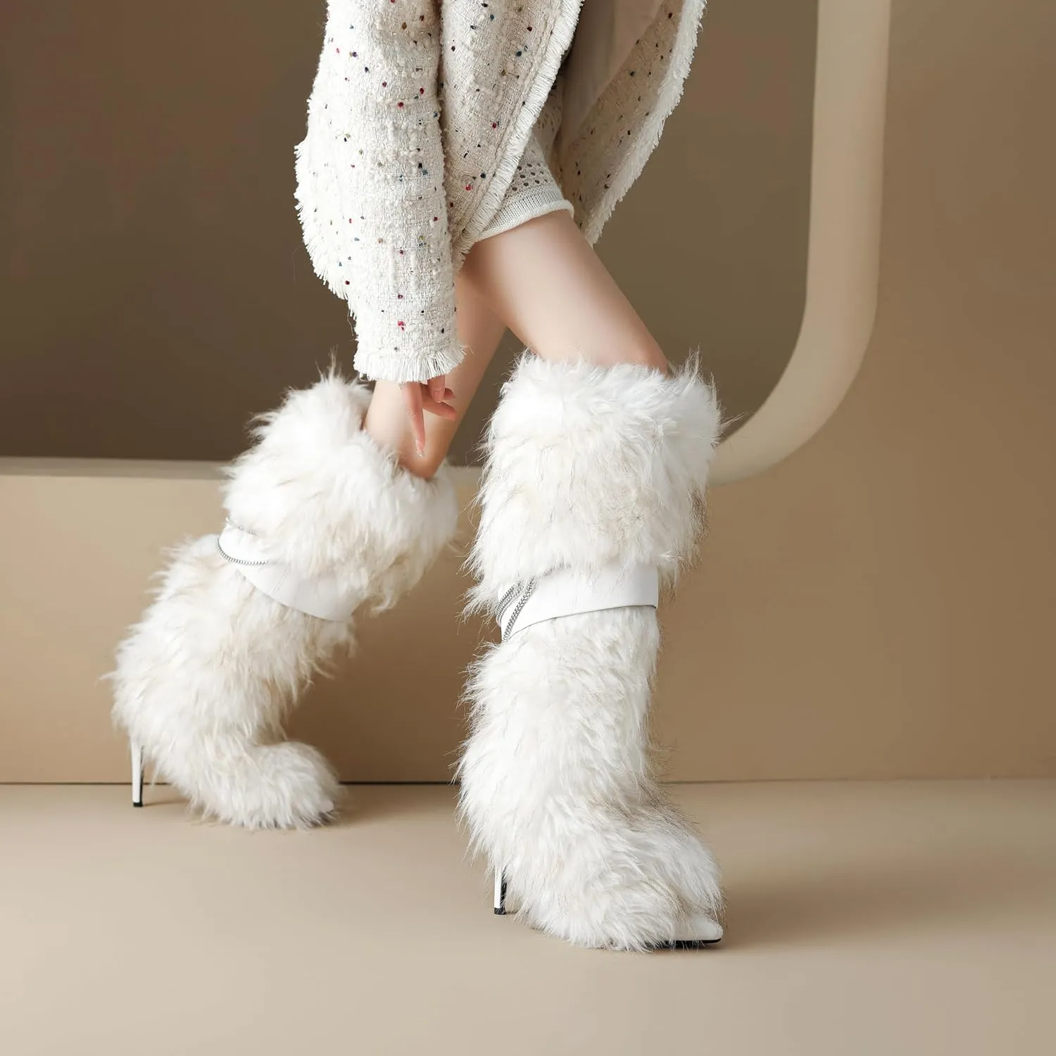 Pink Fluffy Boots for Women Knee High Wide Calf with Heel Fluffy Sexy Womens Snow Boots Fashion Winter Warm Women Boots Elegantes Dress Boot Shoes