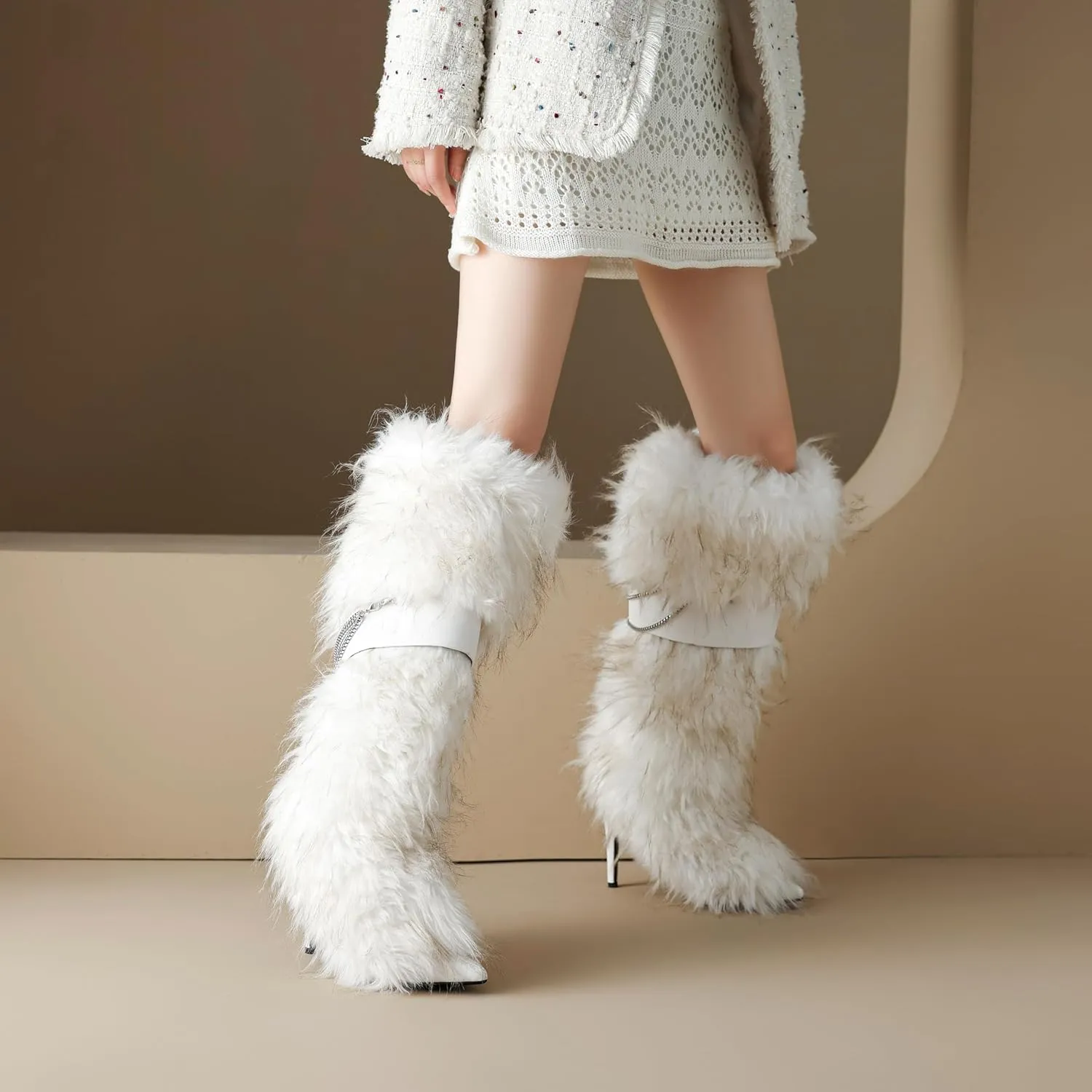 Pink Fluffy Boots for Women Knee High Wide Calf with Heel Fluffy Sexy Womens Snow Boots Fashion Winter Warm Women Boots Elegantes Dress Boot Shoes