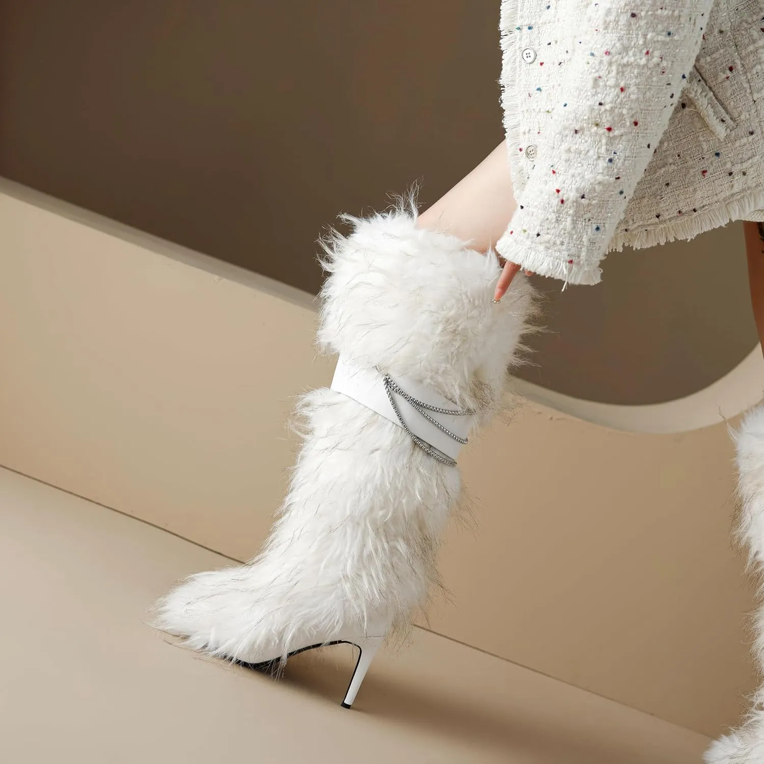 Pink Fluffy Boots for Women Knee High Wide Calf with Heel Fluffy Sexy Womens Snow Boots Fashion Winter Warm Women Boots Elegantes Dress Boot Shoes