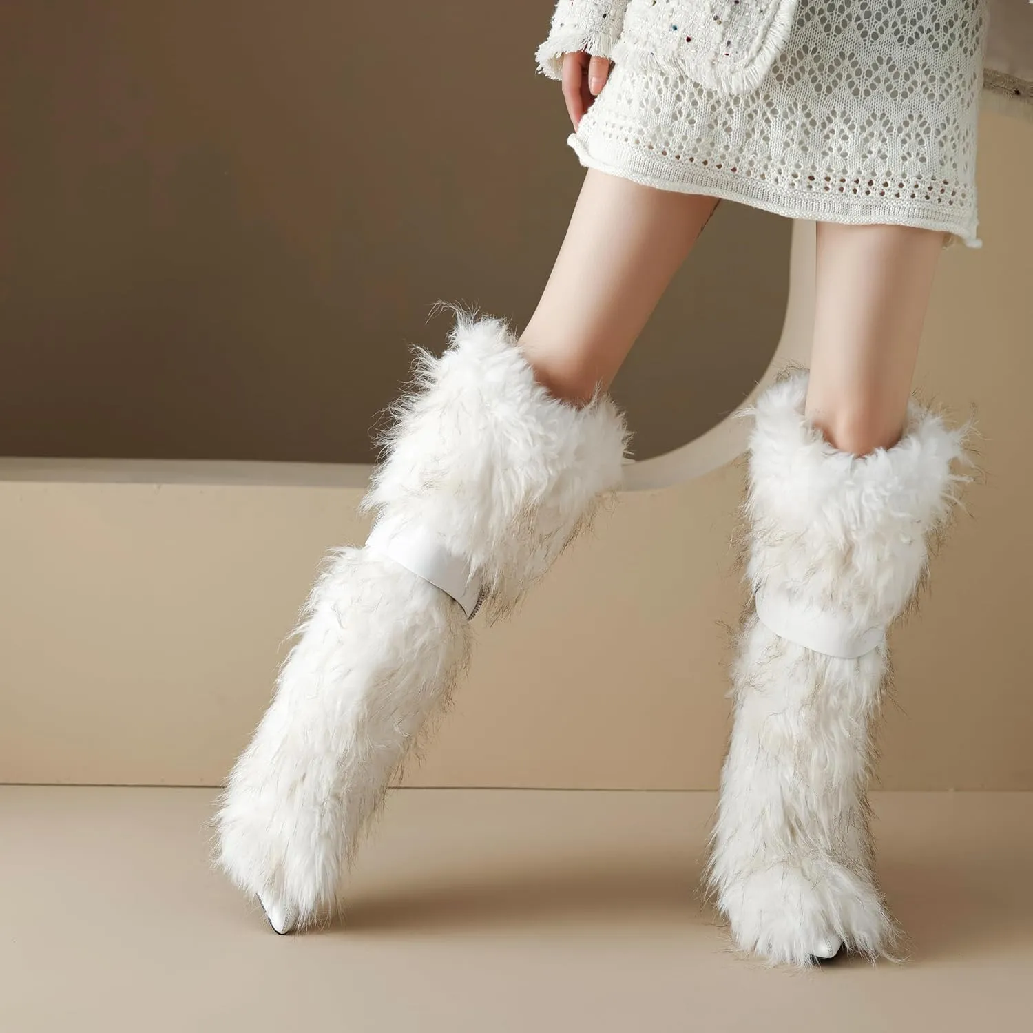 Pink Fluffy Boots for Women Knee High Wide Calf with Heel Fluffy Sexy Womens Snow Boots Fashion Winter Warm Women Boots Elegantes Dress Boot Shoes