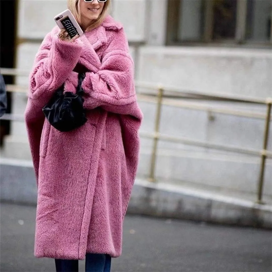 Pink Long Teddy Bear Coat,Women Winter Warm Faux Fur Jacket,Ladies Teddy Outdoor Overcoat