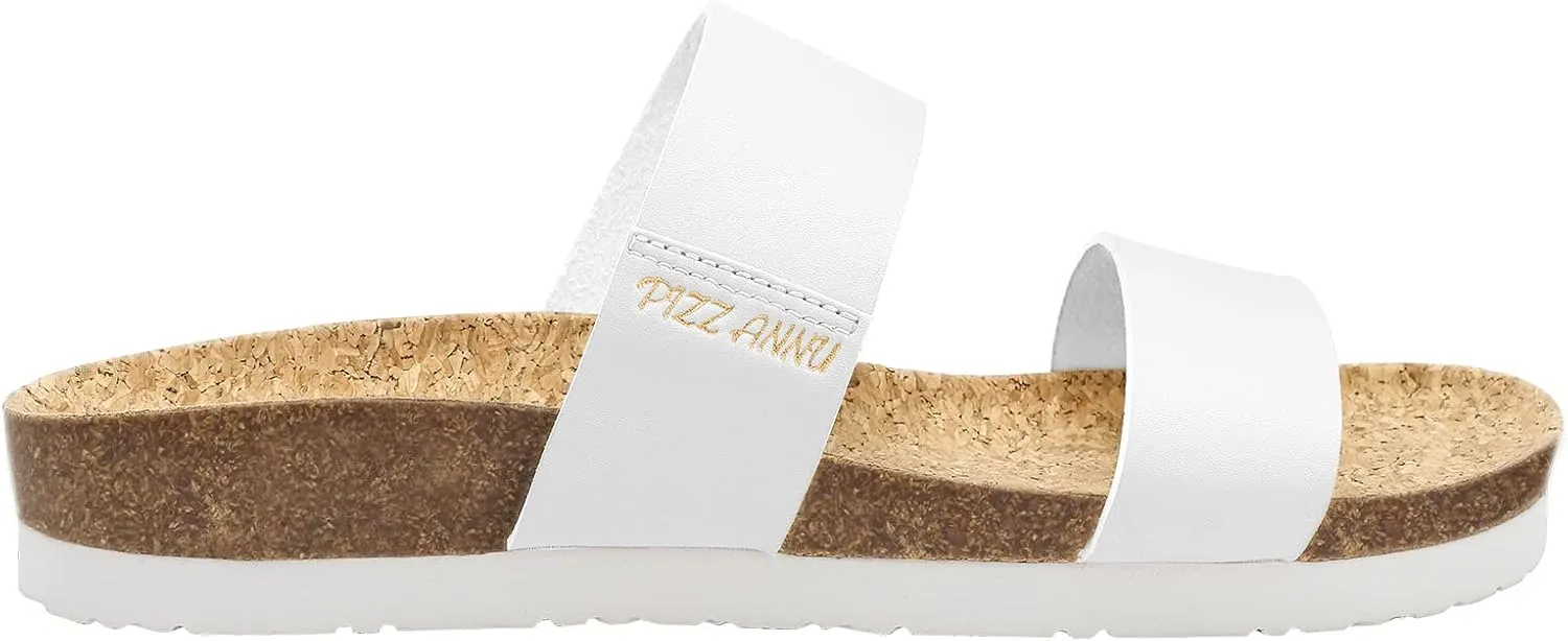 PIZZ ANNU Women's Slide Sandals Open Toe Two Strap Flat Sandals With Comfort Cork Footbed Slip-On Casual Summer Shoes