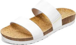 PIZZ ANNU Women's Slide Sandals Open Toe Two Strap Flat Sandals With Comfort Cork Footbed Slip-On Casual Summer Shoes