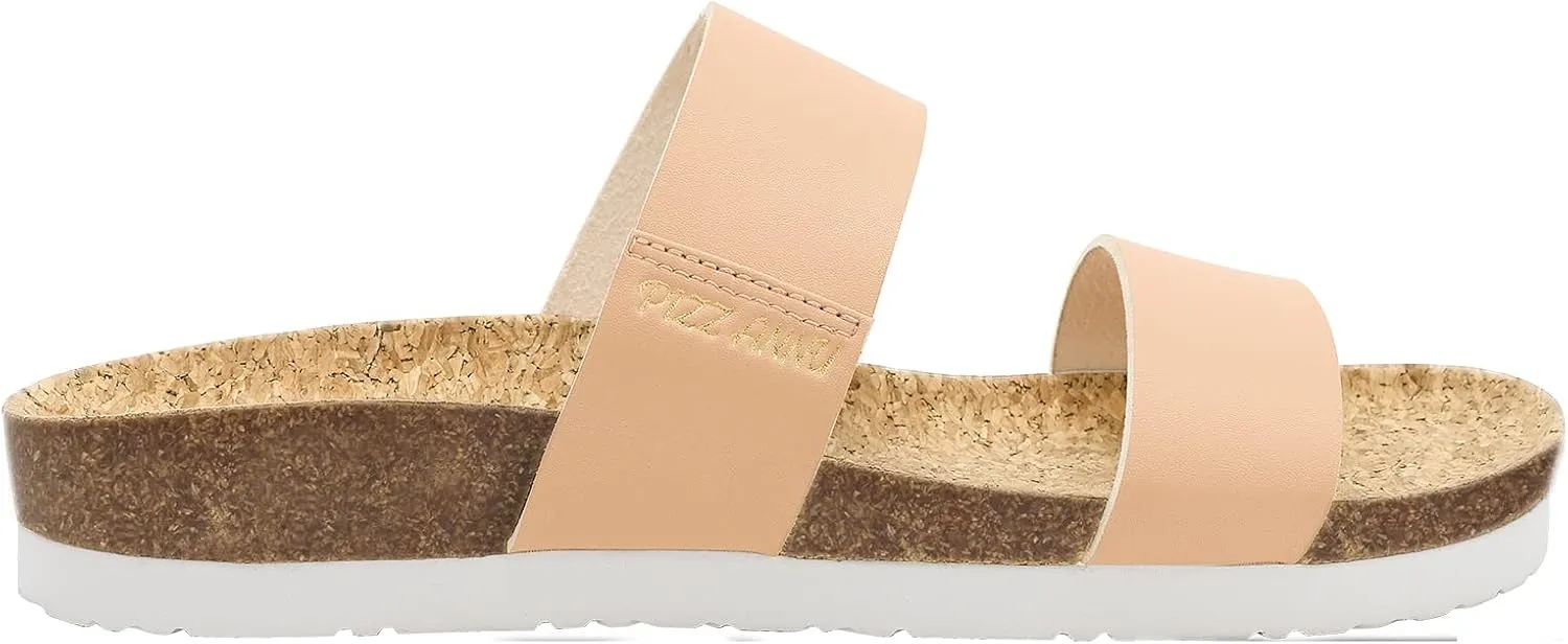 PIZZ ANNU Women's Slide Sandals Open Toe Two Strap Flat Sandals With Comfort Cork Footbed Slip-On Casual Summer Shoes