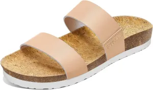 PIZZ ANNU Women's Slide Sandals Open Toe Two Strap Flat Sandals With Comfort Cork Footbed Slip-On Casual Summer Shoes