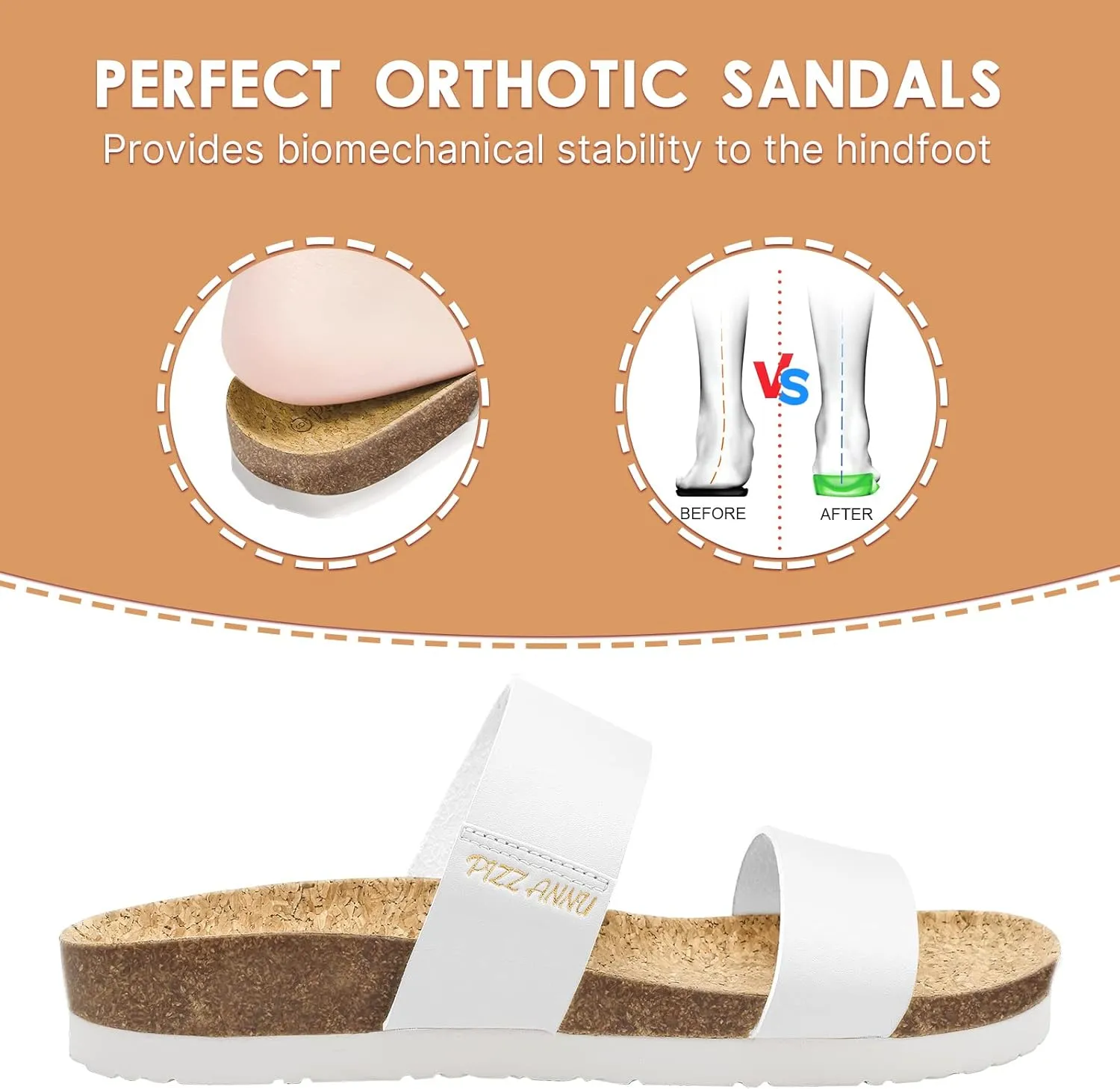 PIZZ ANNU Women's Slide Sandals Open Toe Two Strap Flat Sandals With Comfort Cork Footbed Slip-On Casual Summer Shoes