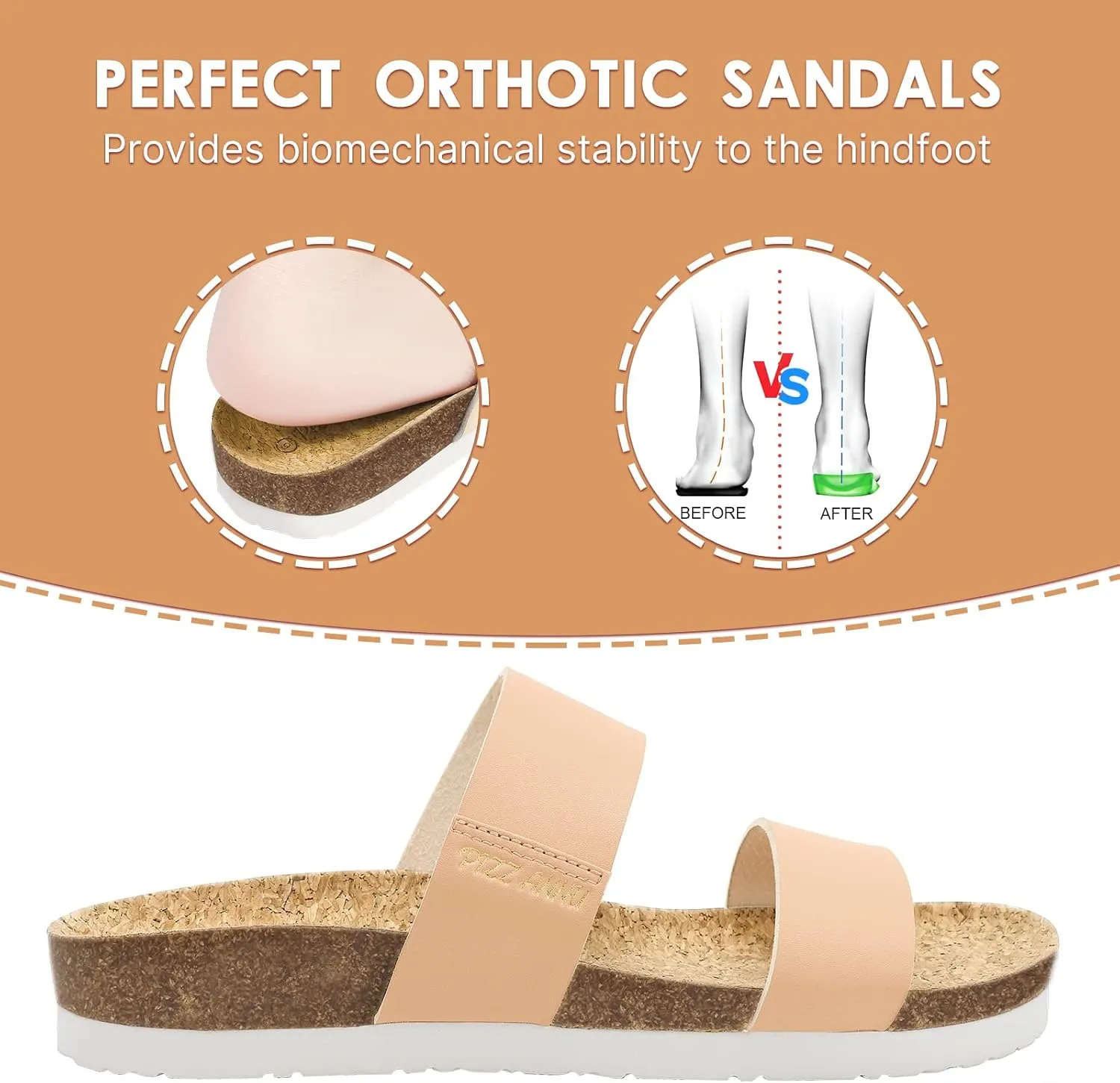 PIZZ ANNU Women's Slide Sandals Open Toe Two Strap Flat Sandals With Comfort Cork Footbed Slip-On Casual Summer Shoes