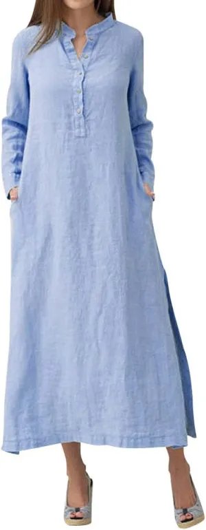 Plain Maxi Long Dress Women's Kaftan Cotton Long Sleeve Casaul Oversized Dress