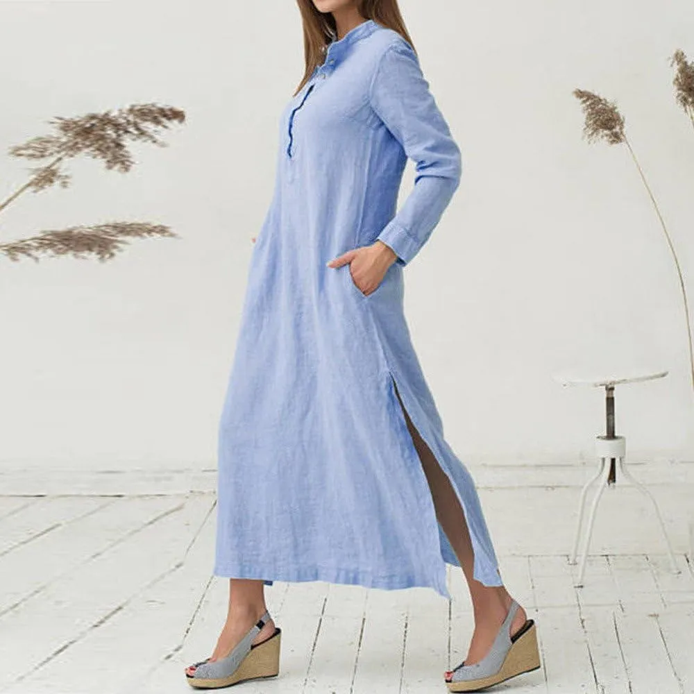 Plain Maxi Long Dress Women's Kaftan Cotton Long Sleeve Casaul Oversized Dress