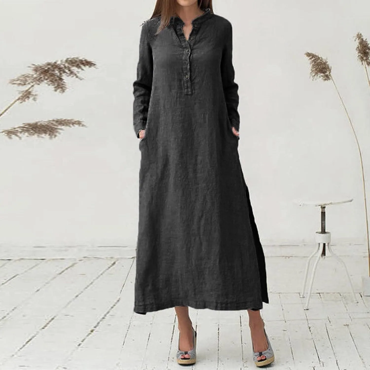 Plain Maxi Long Dress Women's Kaftan Cotton Long Sleeve Casaul Oversized Dress