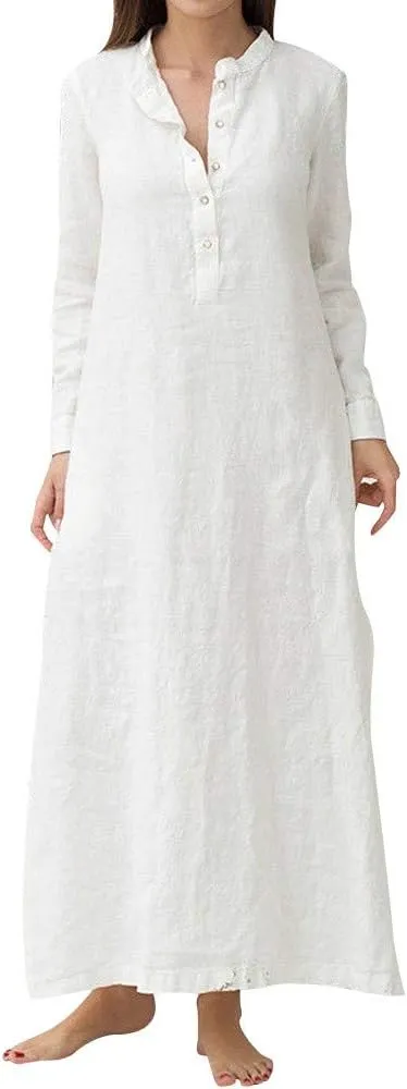 Plain Maxi Long Dress Women's Kaftan Cotton Long Sleeve Casaul Oversized Dress