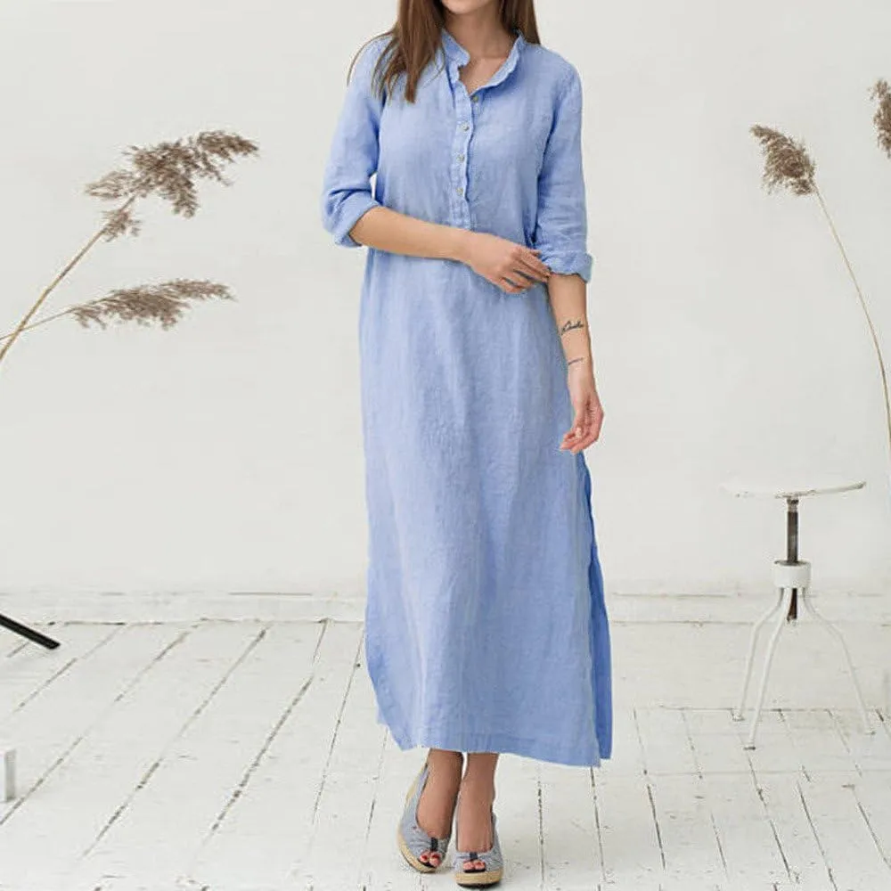 Plain Maxi Long Dress Women's Kaftan Cotton Long Sleeve Casaul Oversized Dress