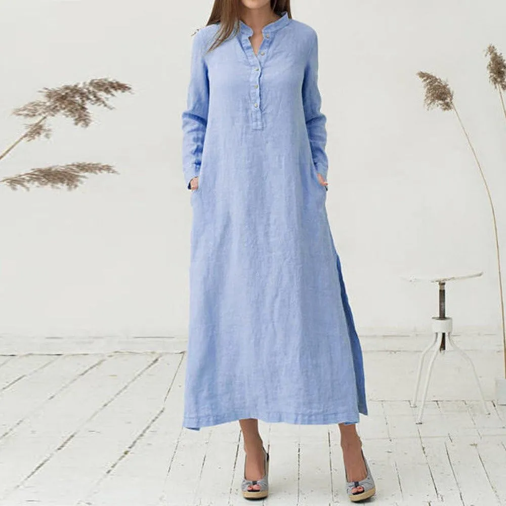 Plain Maxi Long Dress Women's Kaftan Cotton Long Sleeve Casaul Oversized Dress