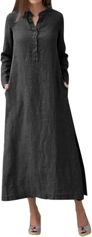 Plain Maxi Long Dress Women's Kaftan Cotton Long Sleeve Casaul Oversized Dress