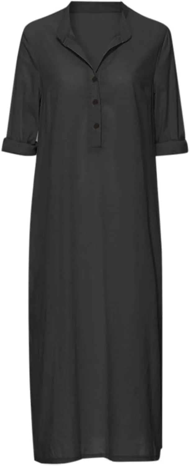 Plain Maxi Long Dress Women's Kaftan Cotton Long Sleeve Casaul Oversized Dress